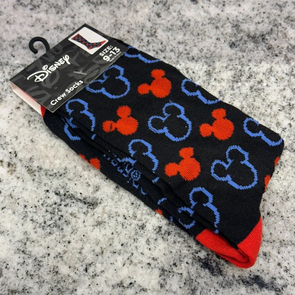 Disney Mens 9-13 Crew Socks Black Mickey Mouse Silhouette Red Blue Novelty New